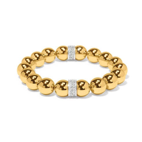 Blue stretch bracelet with silver-plated finish featuring bold beads and pave crystals.