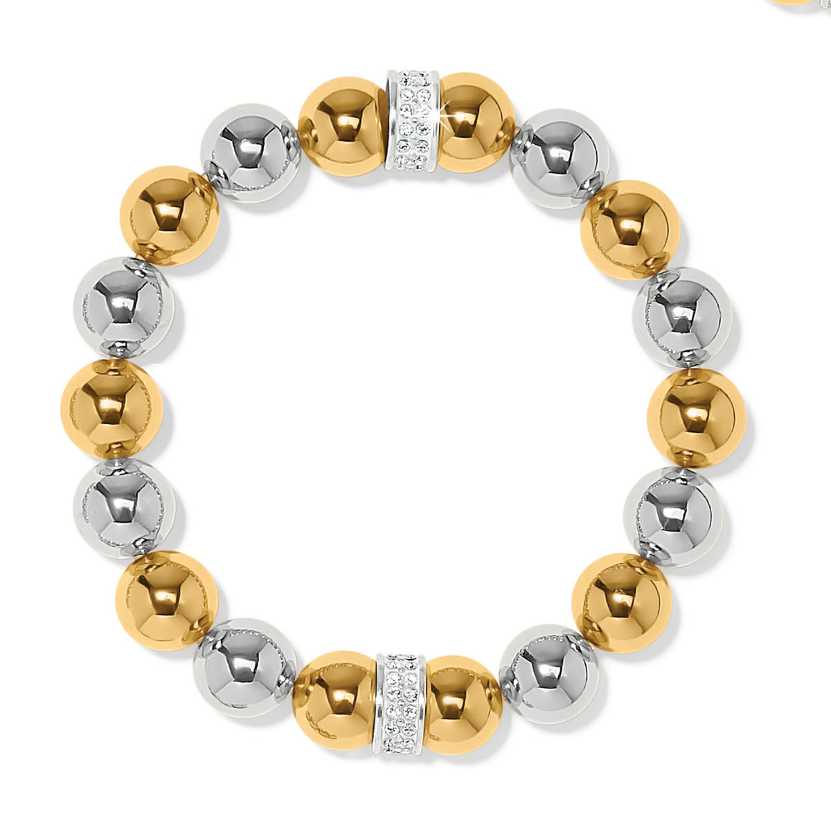 Silver stretch bracelet featuring bold beads, two meridian stations, and hand-set pave crystals.