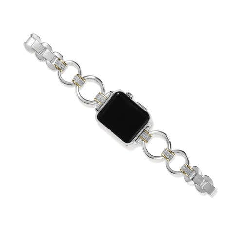 Silver-gold two-tone Meridian Tempo watch band with pave crystal links alternating smooth silver circular links and fold-over clasp