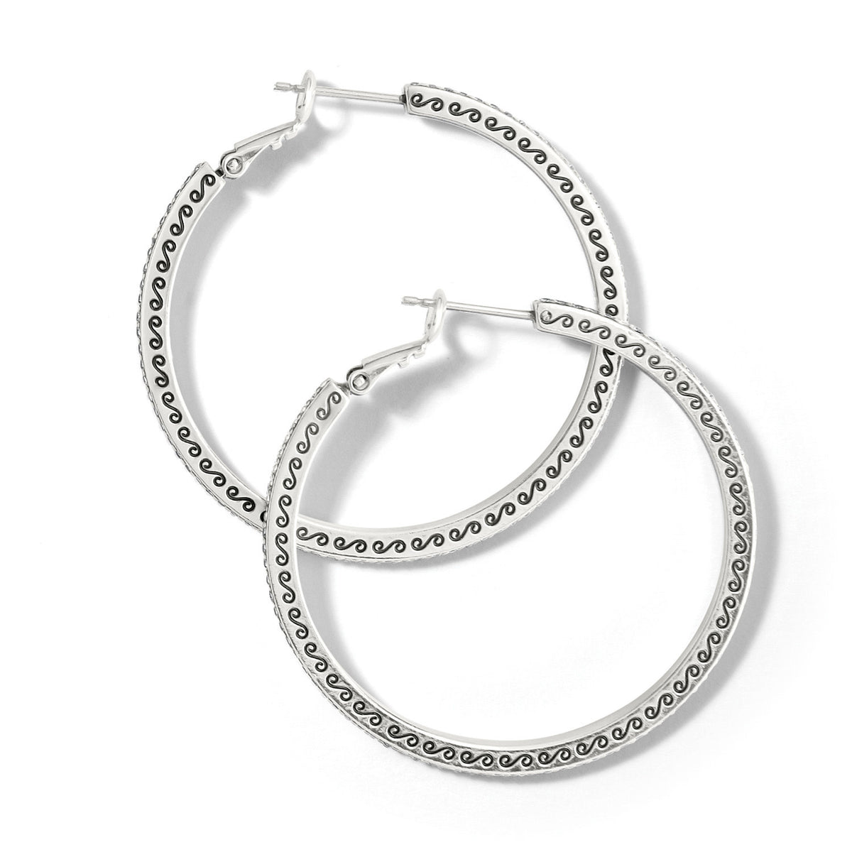Silver plated large hoop earrings with fine crystal pave detailing on a post back.