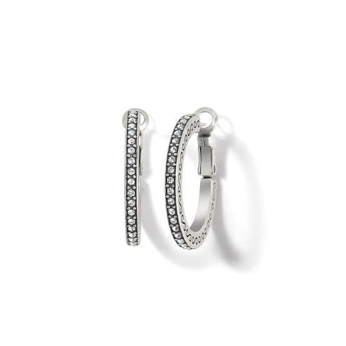 Silver plated thin hoop earrings with fine crystal pave detailing on a post lever back.
