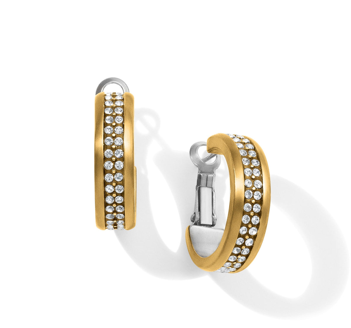 Silver and gold two-tone hoop earrings with lever backs featuring pave fine quality crystals.