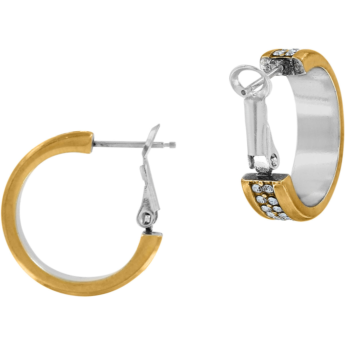 Two-tone silver and gold hoop earrings with fine quality crystal pave finish