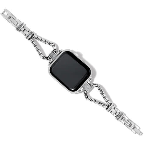 Silver plated Meridian watch band with pave-crystal accented barrels and rope motif on a fold-over clasp.