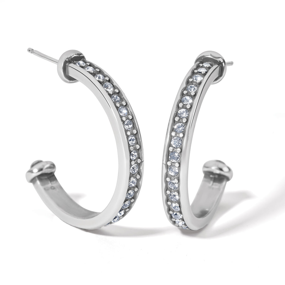Silver plated medium hoop earrings with pave tile crystal detailing