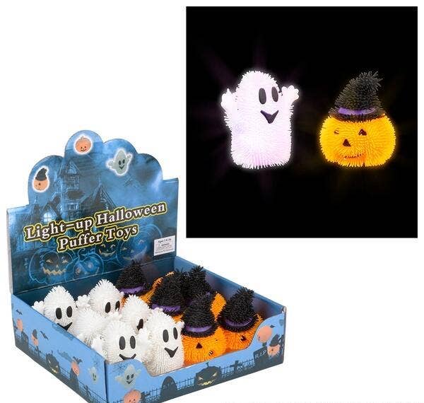 Soft rubbery spiked Halloween puffer with a colorful light-up center.
