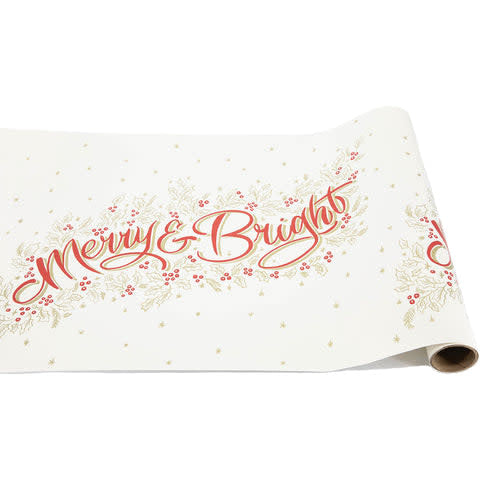 White paper table runner with red holly berry print.