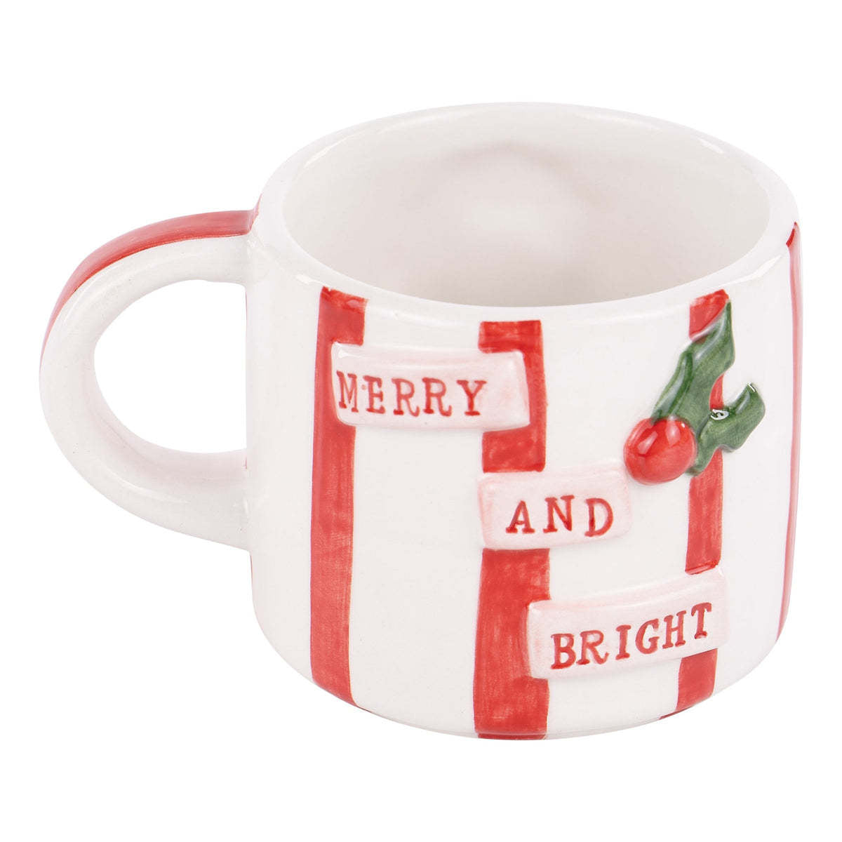 White ceramic mug featuring a festive red wreath with green holly leaves pattern on the exterior.