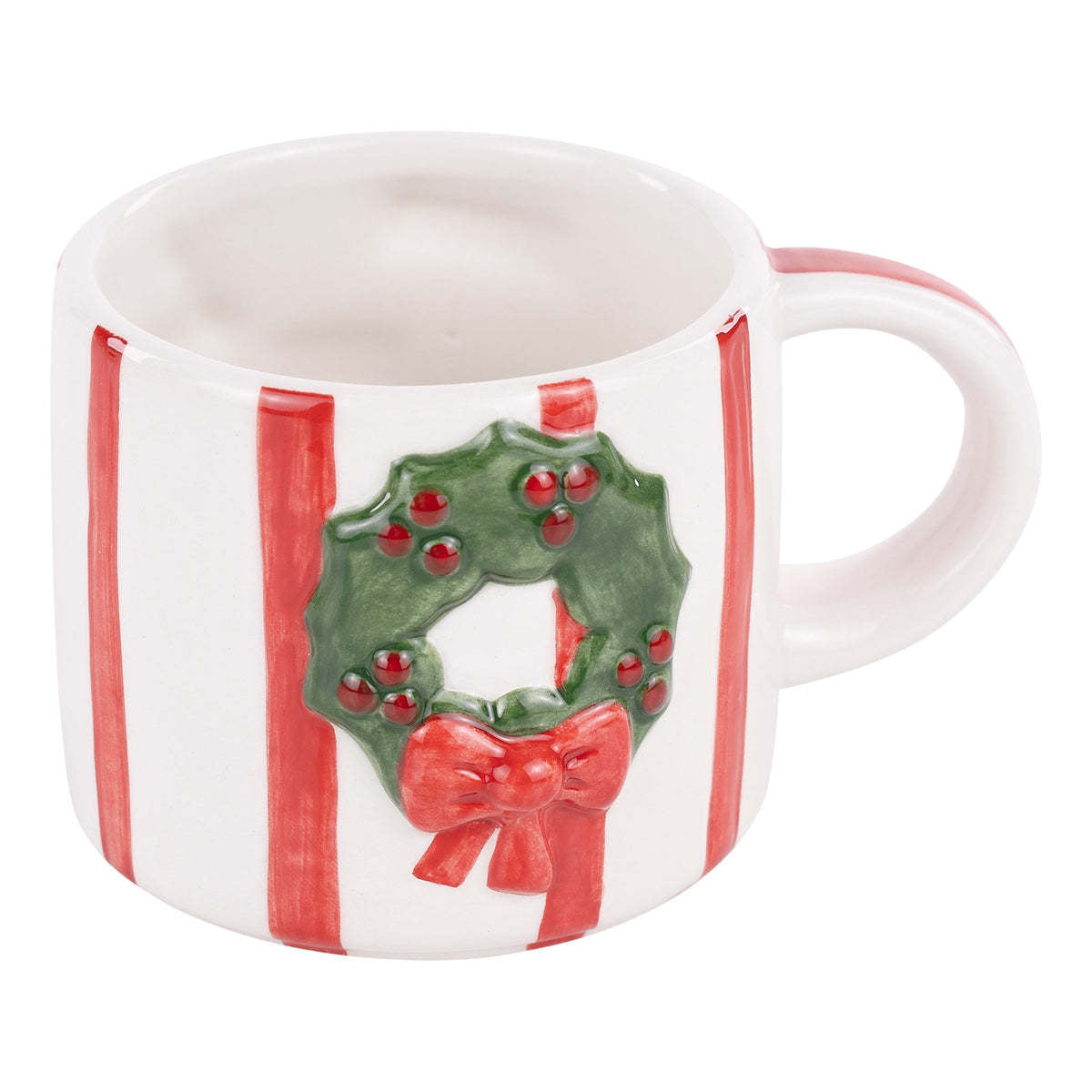 White ceramic mug with a festive green wreath pattern featuring red berries.