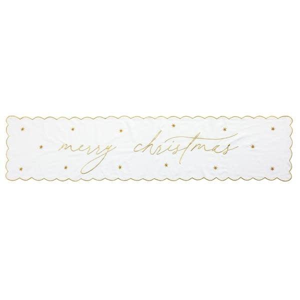 Merry Christmas table runner in white cotton with gold lurex embroidery, bead accents, and scalloped edges.