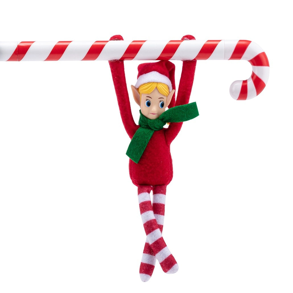 Mr. Christmas Merry Mischief Acrobat elf figurine with poseable limbs circling a candy cane pole.