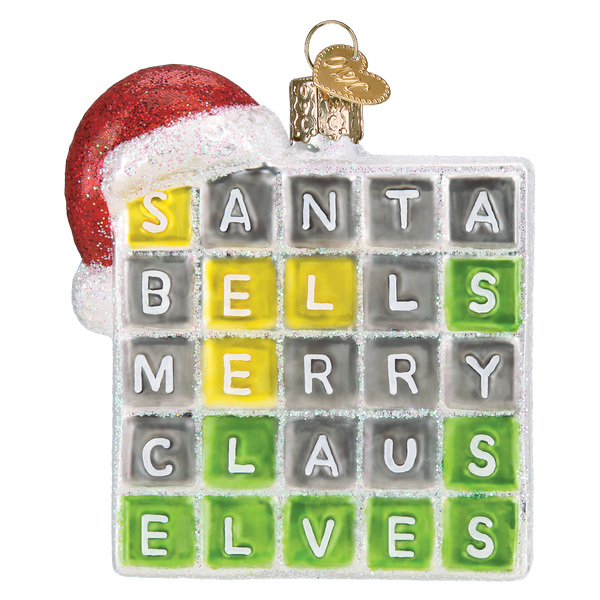 Merry Words Ornament featuring Santa and elves playing word games on a festive background.