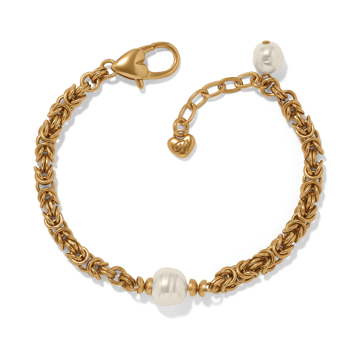 Gold-plated chain bracelet with Japanese Baroque pearls and a heart-shaped lobster claw closure.