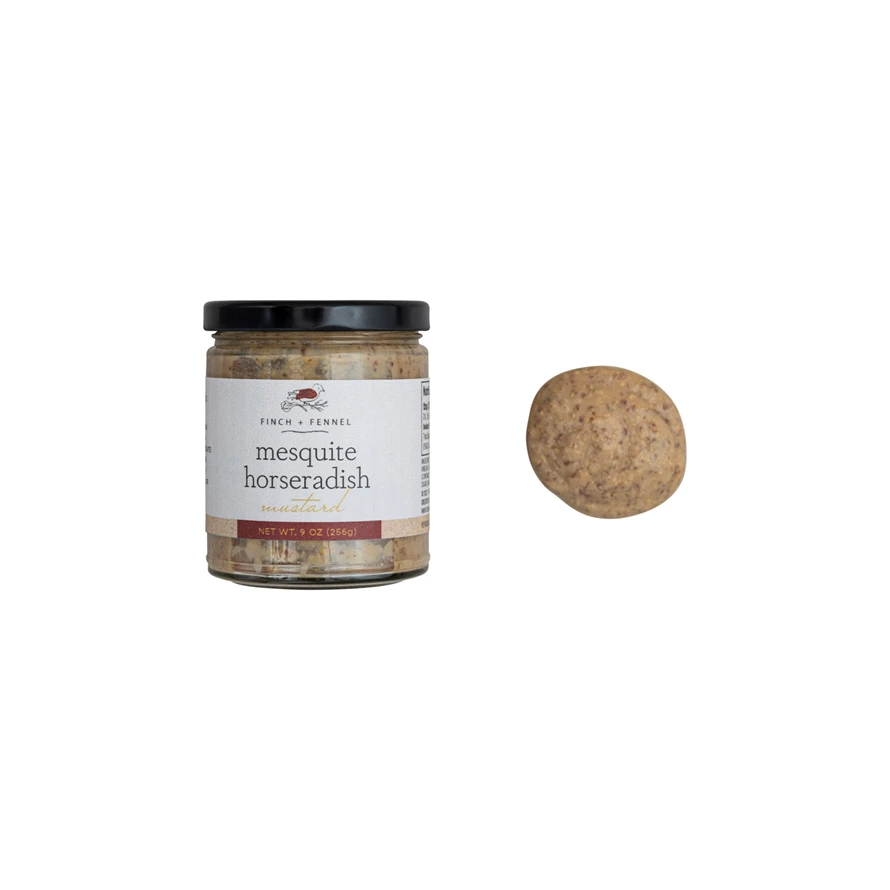 Front view of Mesquite Horseradish Mustard in a cylindrical jar with a white label.
