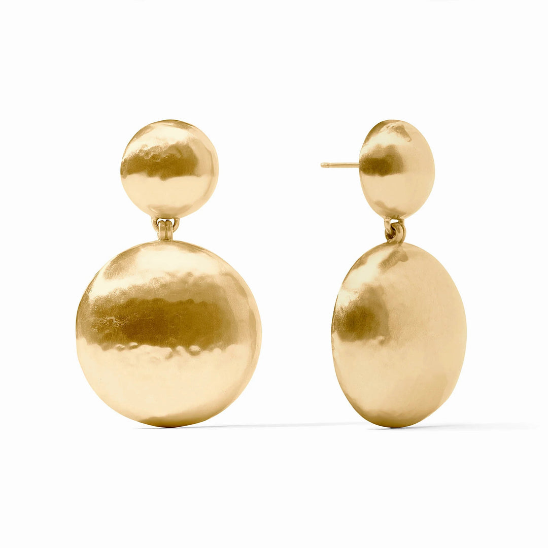 Solara Statement Earrings in 24K gold plate featuring two hammered gold discs on posts.