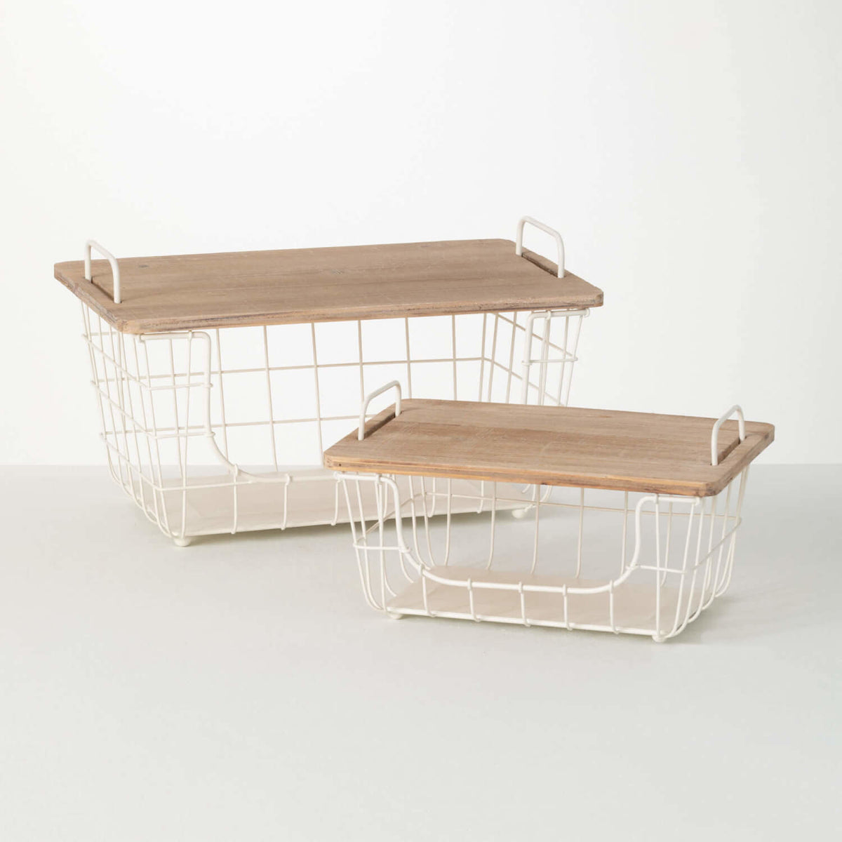 White mesh kitchen storage bin with natural wood stand