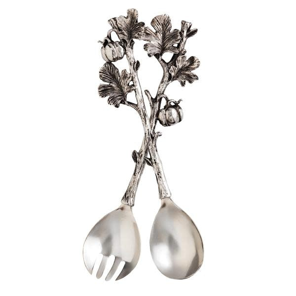 Two stainless steel salad servers with sculpted cast aluminum branch handles