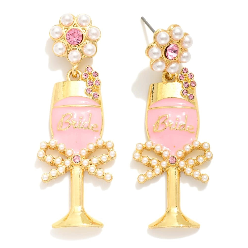 Metal Bride cocktail post drop earrings featuring a pearl and rhinestone flower detail with approximately 2-inch length.