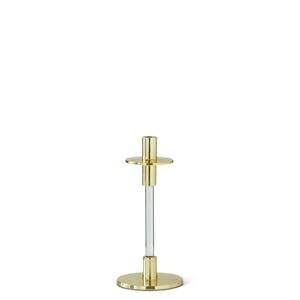 Metal slender taper candleholders with acrylic bases in a sleek geometric shape.