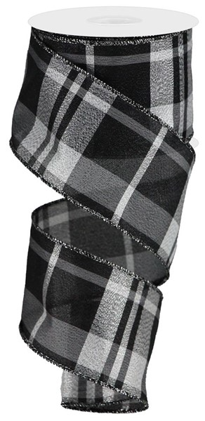 Black and silver metallic plaid ribbon on a spool, 2.5 inches wide.