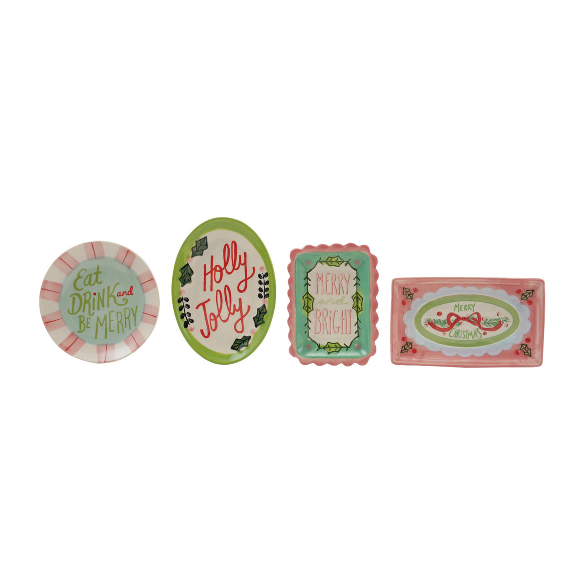 Four assorted stoneware holiday dishes with festive sayings like Eat Drink and Be Merry.