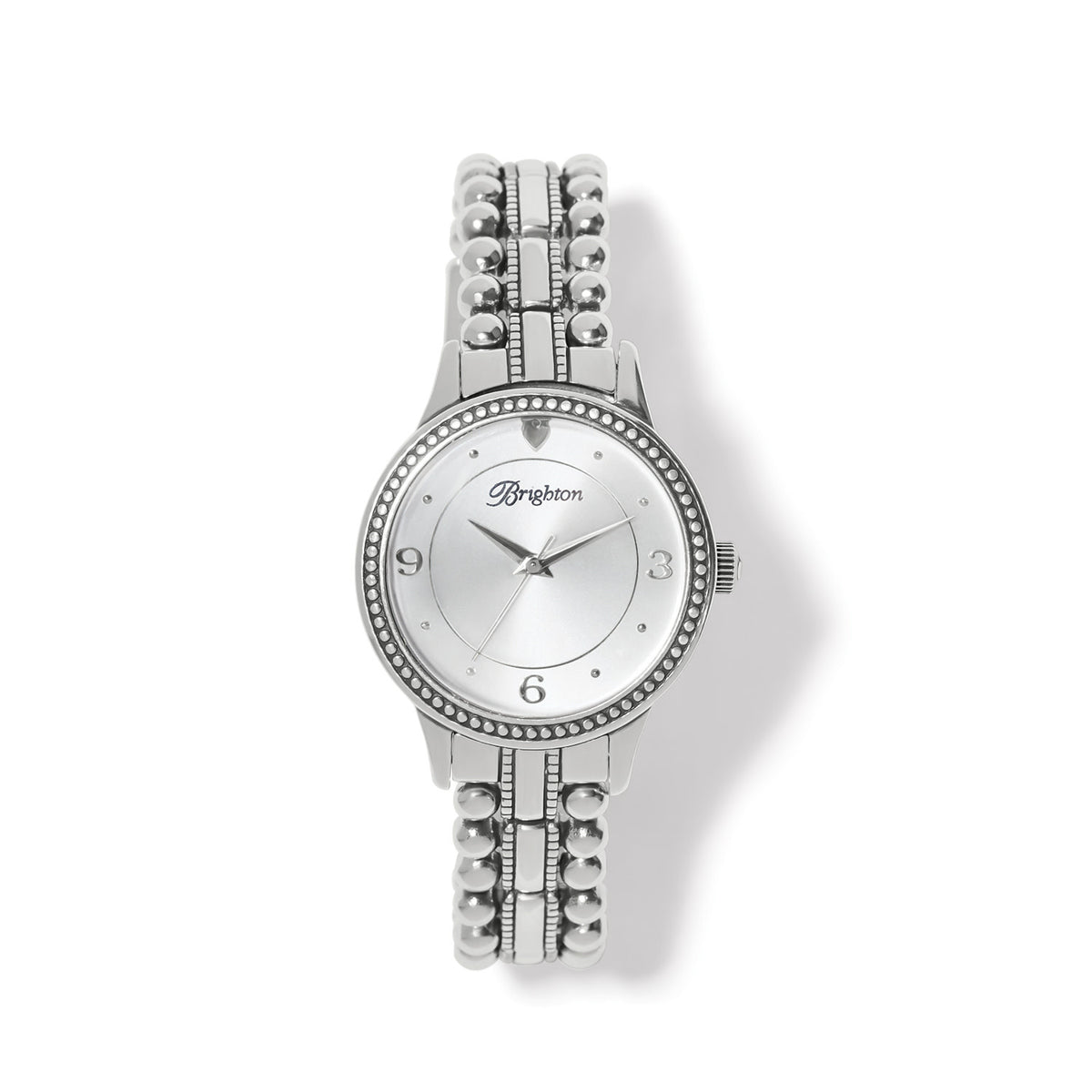 Silver plated Mexico City watch with round face, fold-over clasp, and removable links.