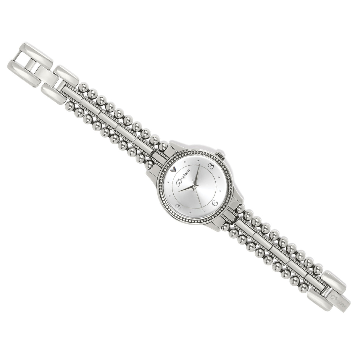 Silver plated Mexico City watch with round face, fold-over clasp, and removable links.