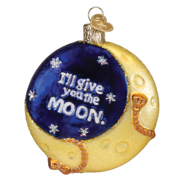 Lasso the Moon glass ornament featuring a crescent moon and the text "I'll give you the MOON."