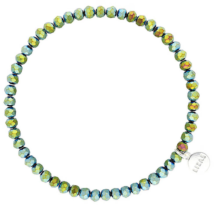 Lizas Quadro Big Bright Colours stretch bracelet with iridescent green and blue faceted beads.