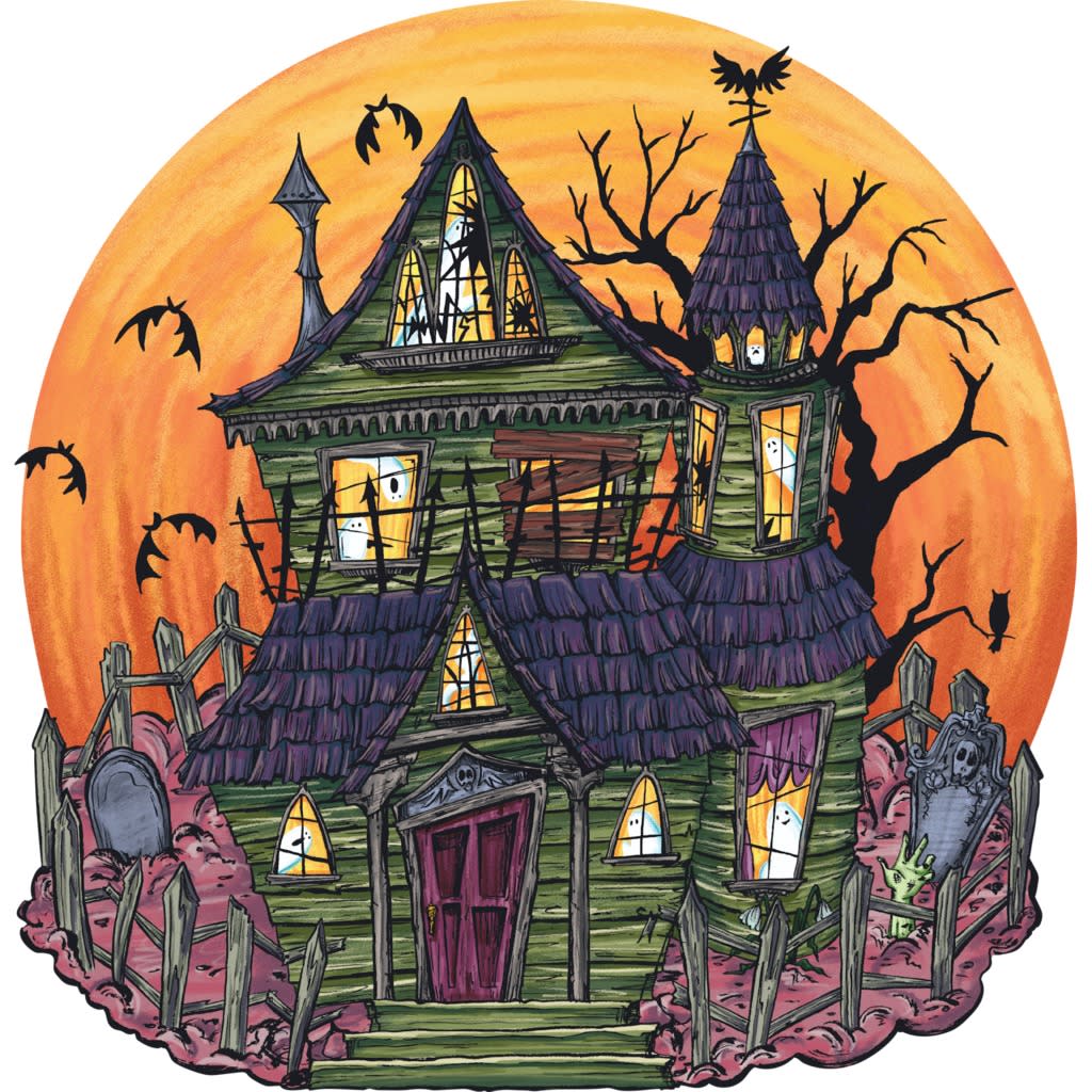 Die-cut placemat featuring a spooky green haunted house with ghosts and bats on an orange moon.