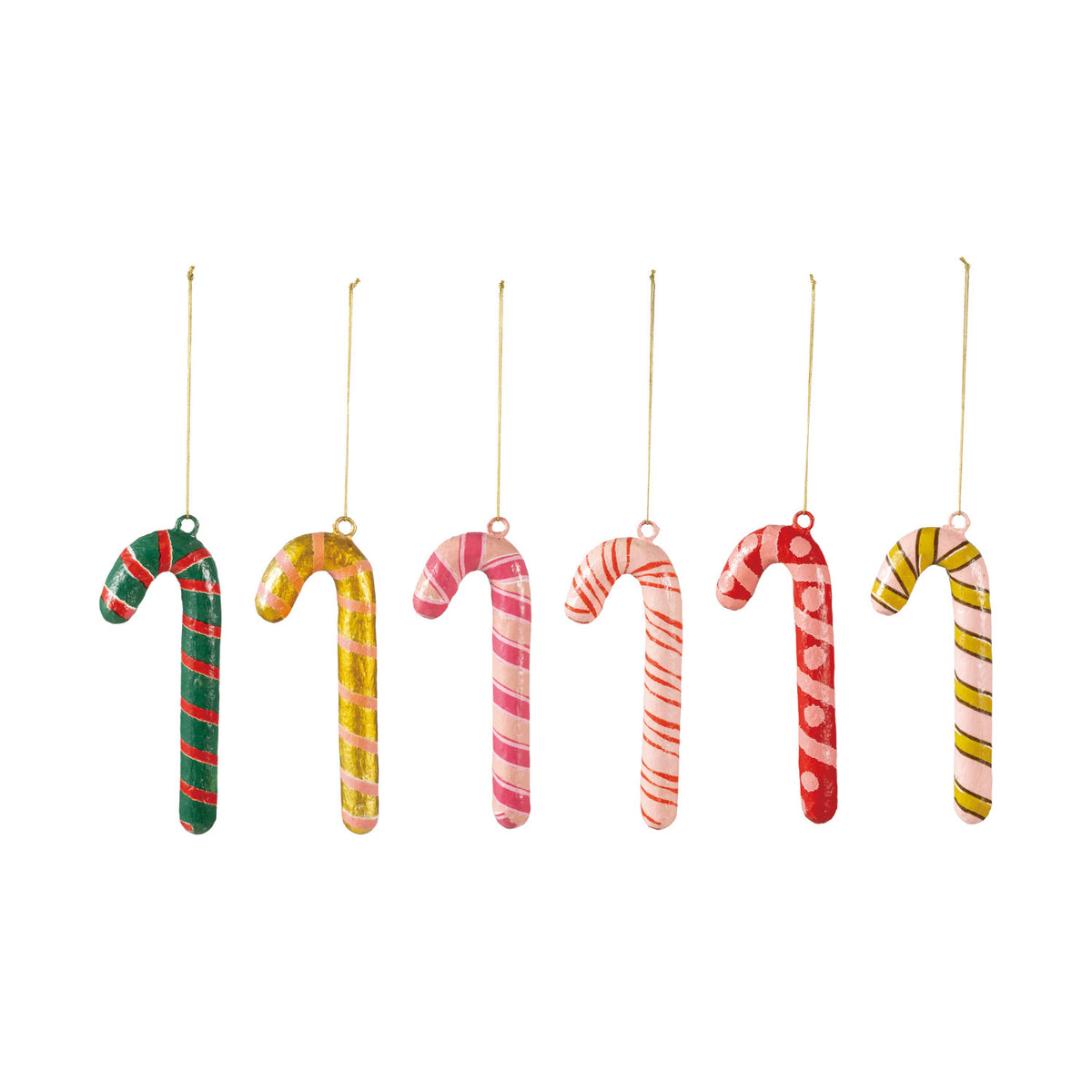 Set of six colorful striped metal and paper mache candy cane ornaments with gold hanging strings.