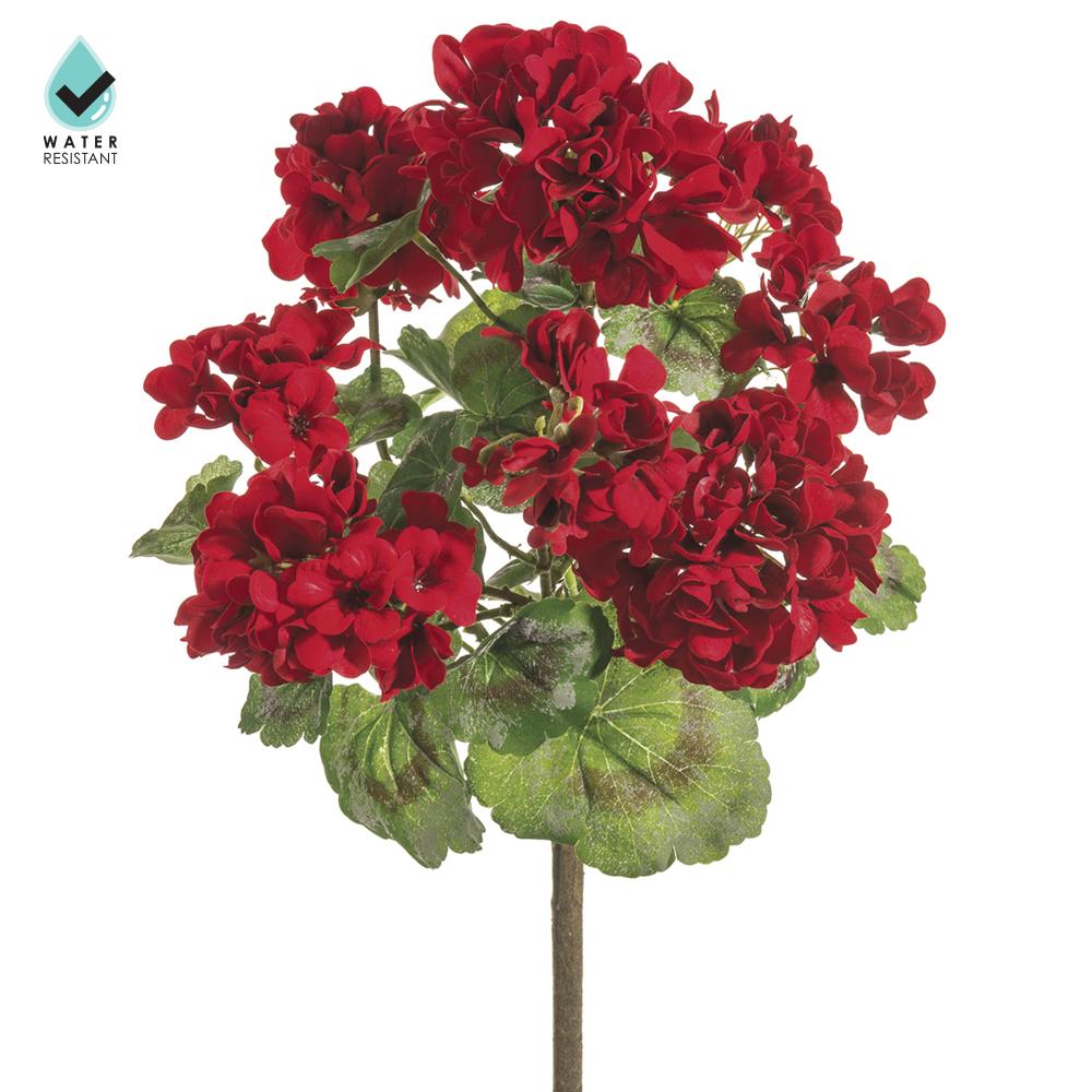 Red polyester geranium bush with water-resistant finish