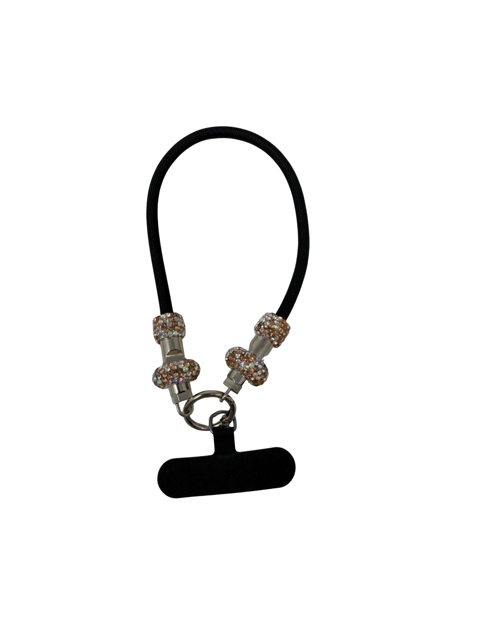 Black cord cell phone wrist strap with rose gold rhinestone beads and a black attachment card.