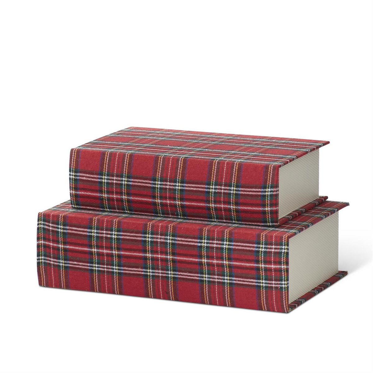 Two red tartan plaid decorative book boxes stacked on a white background.