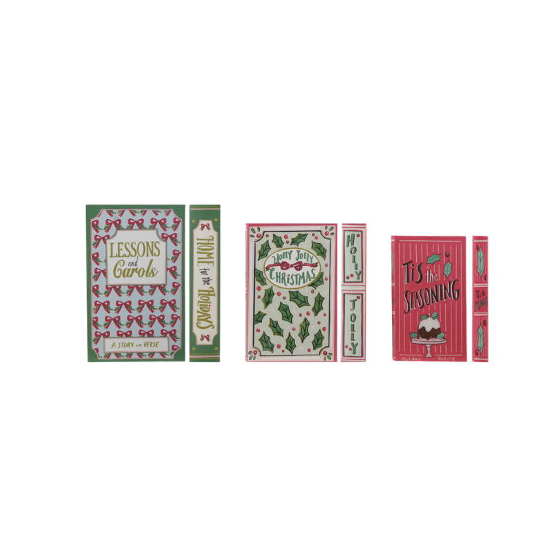 Set of 3 festive MDF and canvas book storage boxes with holiday-themed covers and spines.