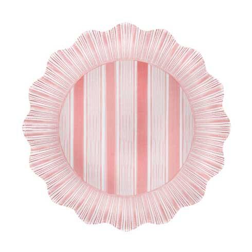 Cabana Stripe Melamine Dinner Plate with pink and white vertical stripes and a scalloped edge.