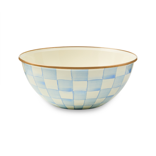 Hand-glazed steel bowl with hand-painted Sky Blue Check pattern and bronzed stainless steel rim.