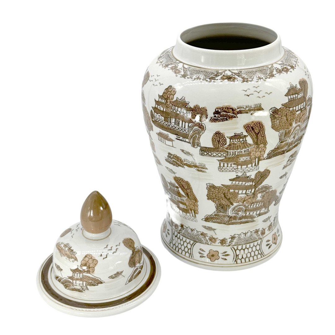 25-inch brown and white ceramic chinoiserie jar with a landscape pattern and matching lid.