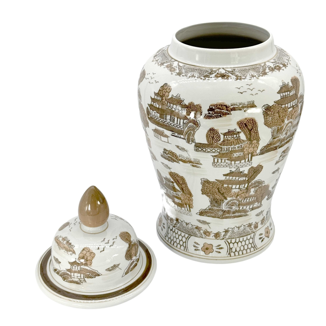25-inch brown and white ceramic chinoiserie jar with a landscape pattern and matching lid.