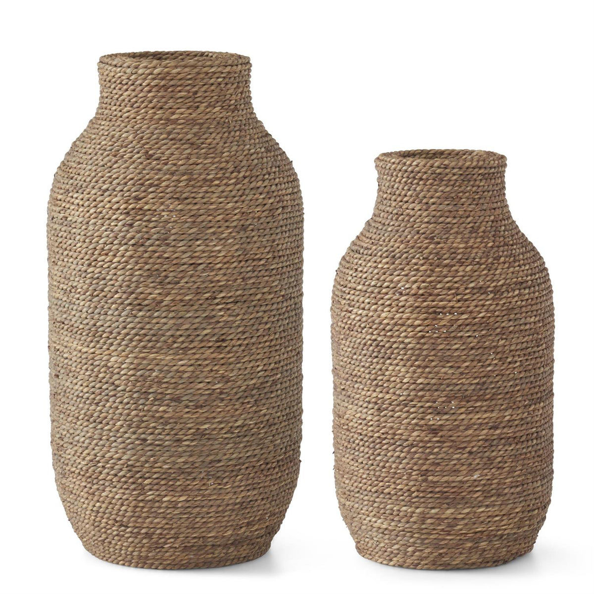 Two woven seagrass and wood vases in different sizes with a natural brown textured finish.