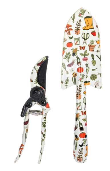 Two-piece gardening set including a hand trowel and pruning shears with a colorful garden pattern.