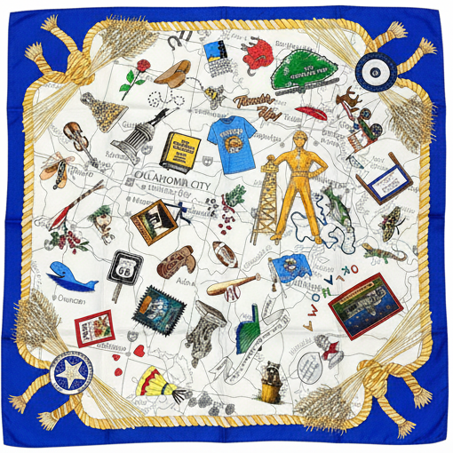 Square silk scarf featuring Oklahoma state outline in blue on white background