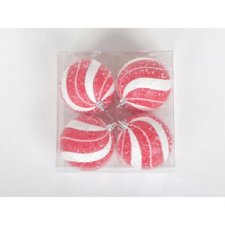 Set of four 4-inch red and white sugar-coated peppermint ball ornaments in a clear box.