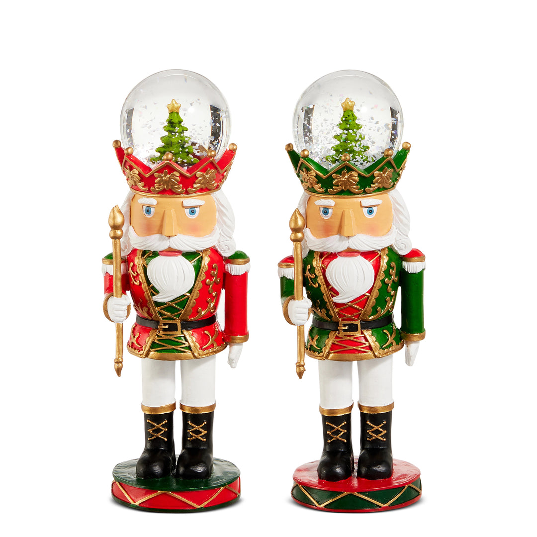 Two 7-inch nutcracker water globes, one in red and one in green, each with a tree inside the globe.