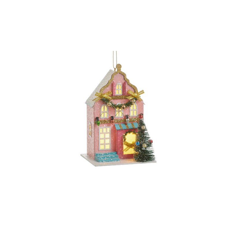 5.5-inch lighted pink paper house ornament with a glittery roof, Christmas tree, and gold accents.