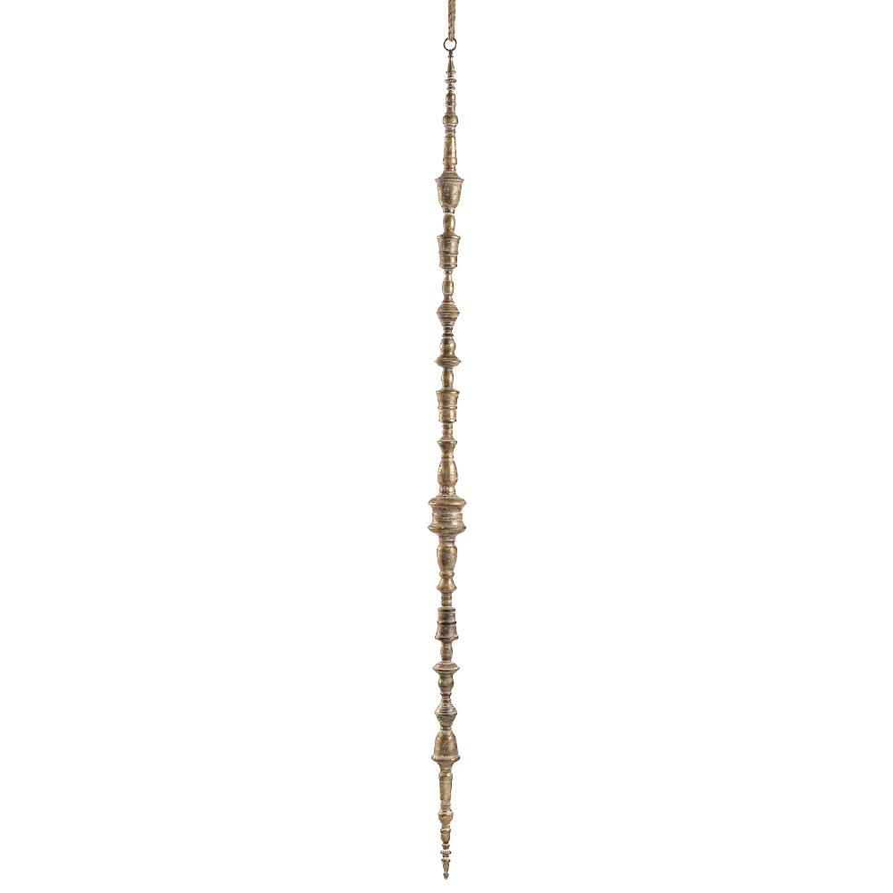70-inch antique gold metal finial ornament with a tiered, spindle-like design and hanging rope.