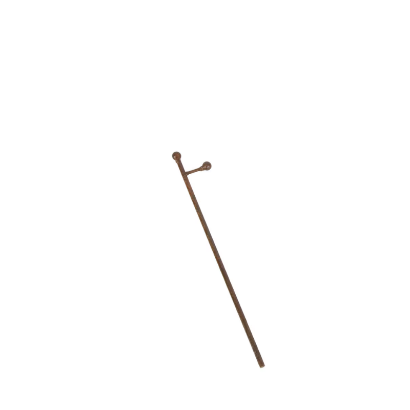 Slender metal display stake with a rustic brown finish and two small ball finials at the top.