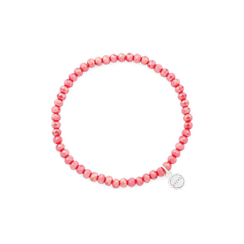 Stretchy beaded bracelet with faceted glass beads in a colorful pattern.