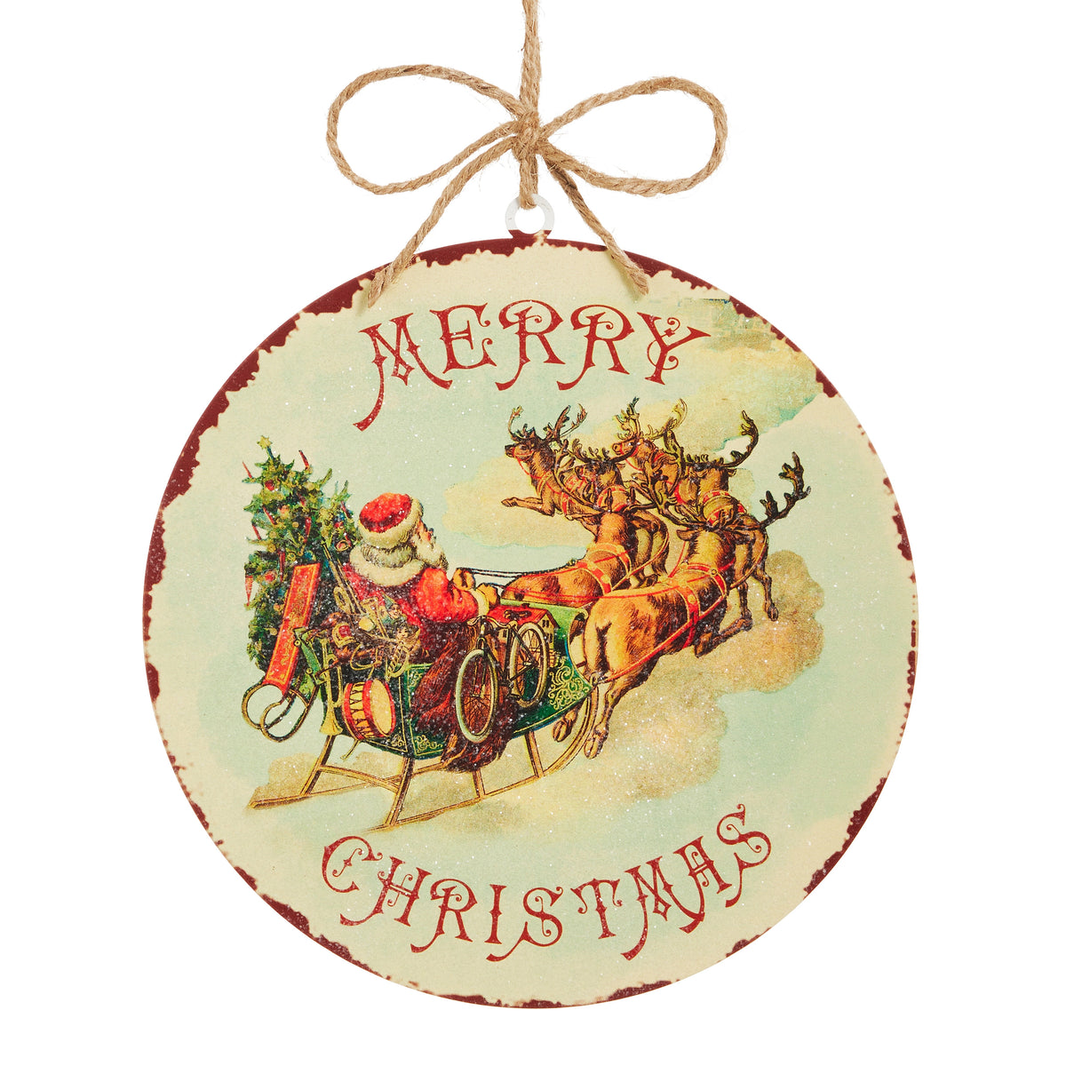 8-inch rustic round Christmas disc ornament featuring vintage Santa in a sleigh with reindeer.
