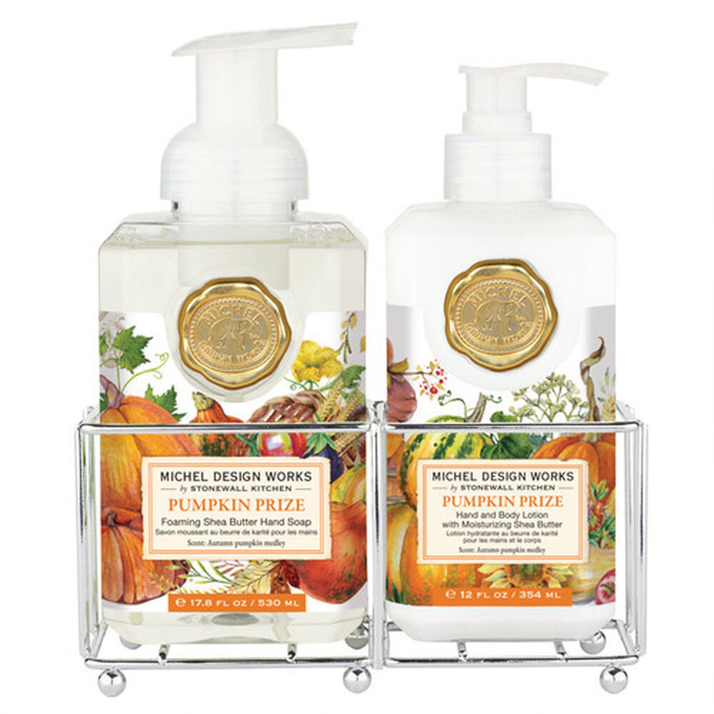Hand Care Caddy containing foaming hand soap and lotion bottles.